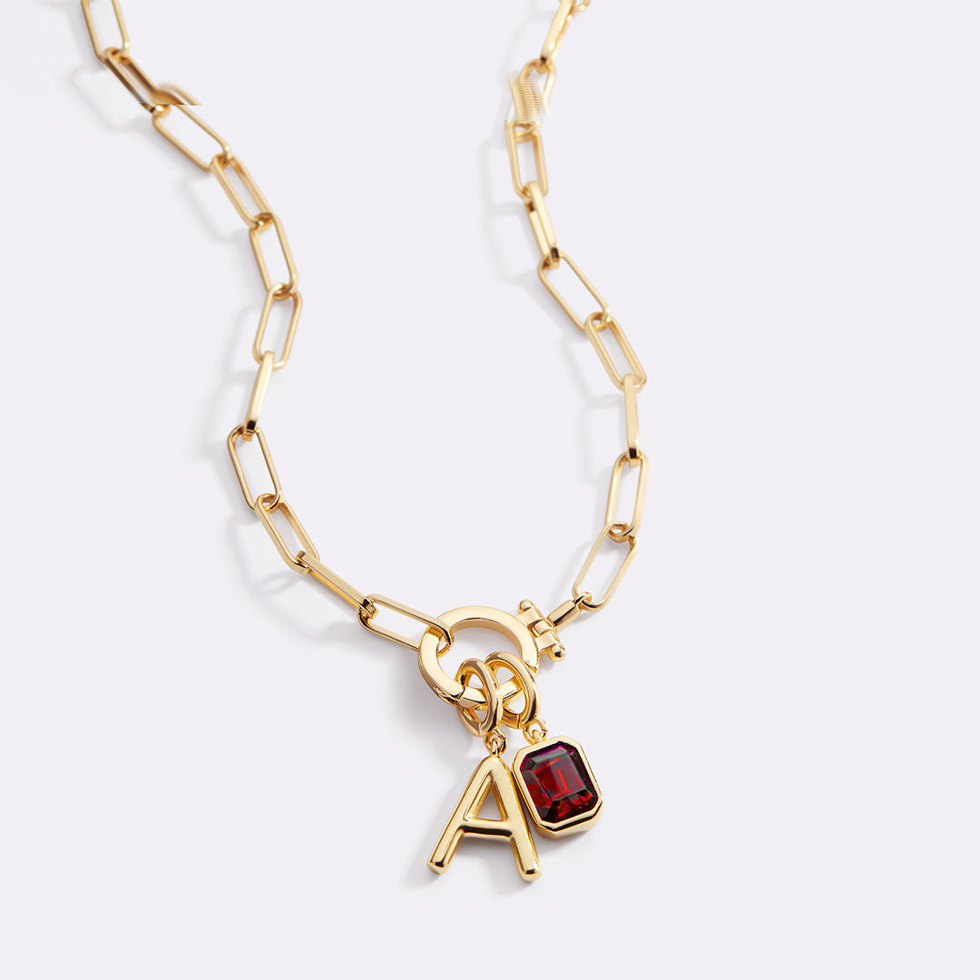 Mint Paperclip Necklace with Initial & Birthstone Charm