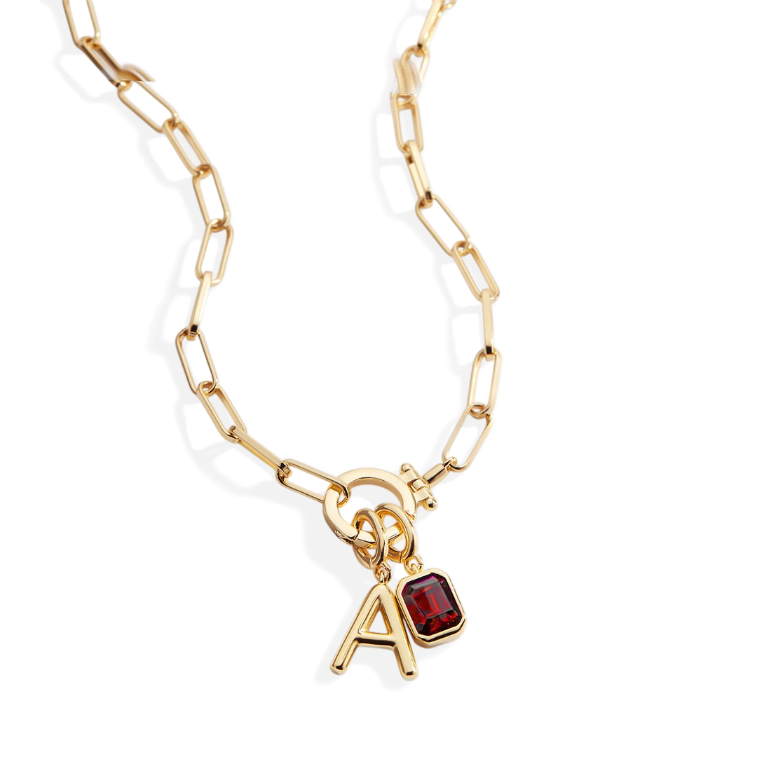 Mint Paperclip Necklace with Initial & Birthstone Charm