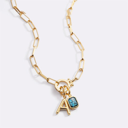 Mint Paperclip Necklace with Initial & Birthstone Charm