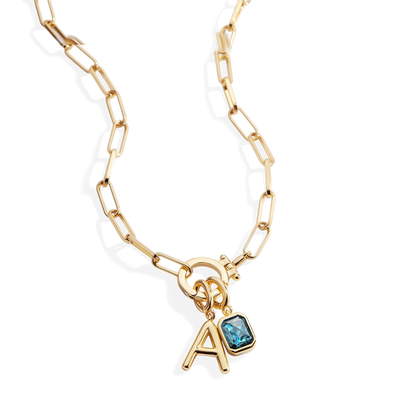 Mint Paperclip Necklace with Initial & Birthstone Charm