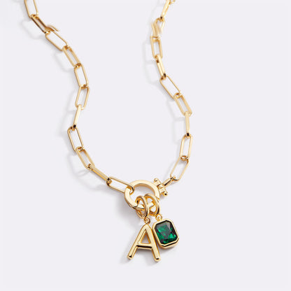 Mint Paperclip Necklace with Initial & Birthstone Charm