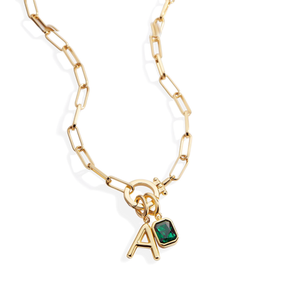 Mint Paperclip Necklace with Initial & Birthstone Charm