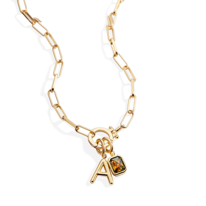 Mint Paperclip Necklace with Initial & Birthstone Charm