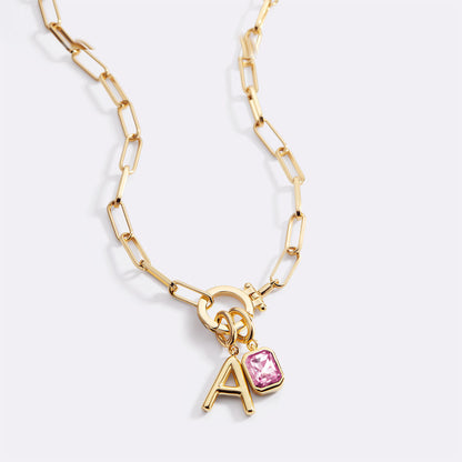 Mint Paperclip Necklace with Initial & Birthstone Charm