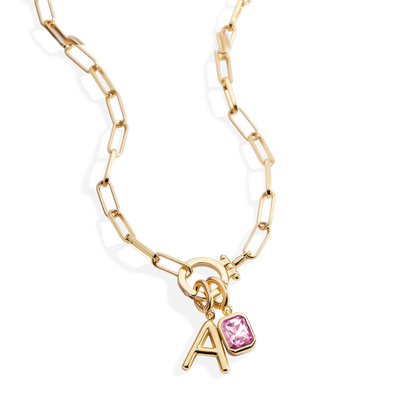 Mint Paperclip Necklace with Initial & Birthstone Charm