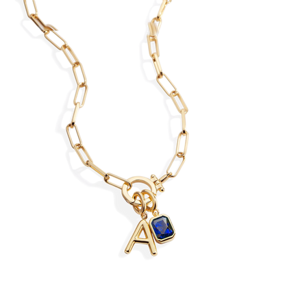 Mint Paperclip Necklace with Initial & Birthstone Charm