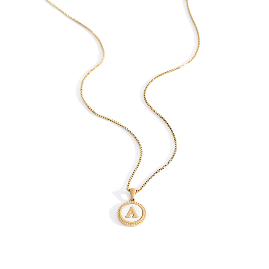Mother of Pearl Disc Letter Necklace with Box Chain