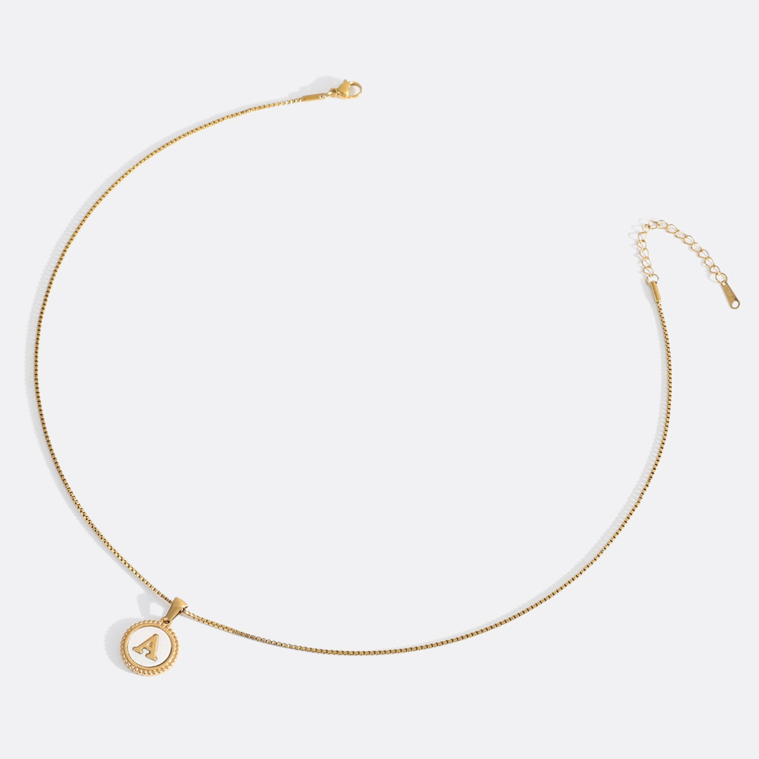 Mother of Pearl Disc Letter Necklace with Box Chain
