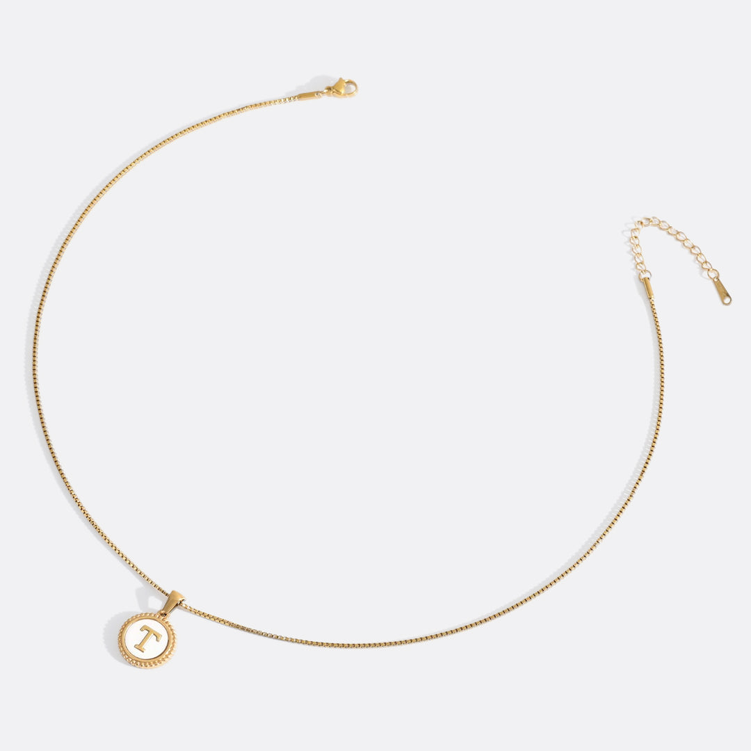 Mother of Pearl Disc Letter Necklace with Box Chain