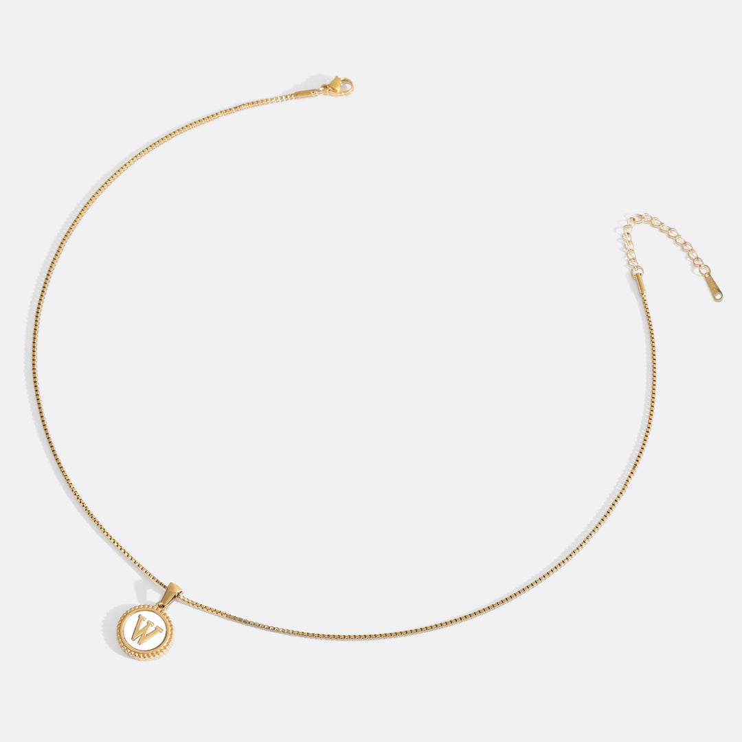 Mother of Pearl Disc Letter Necklace with Box Chain