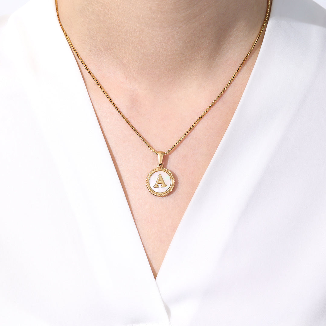 Mother of Pearl Disc Letter Necklace with Box Chain