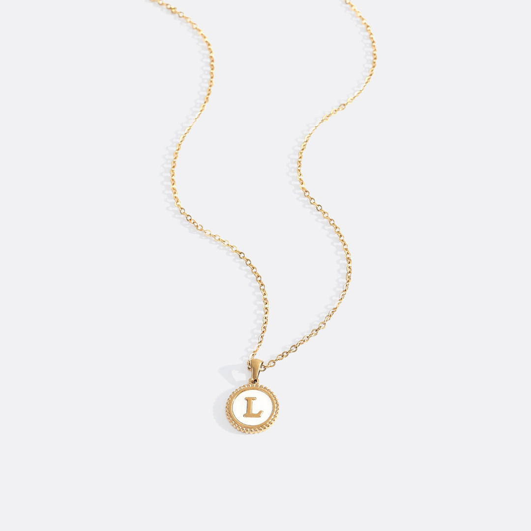 Mother of Pearl Disc Letter Necklace with Cable Chain