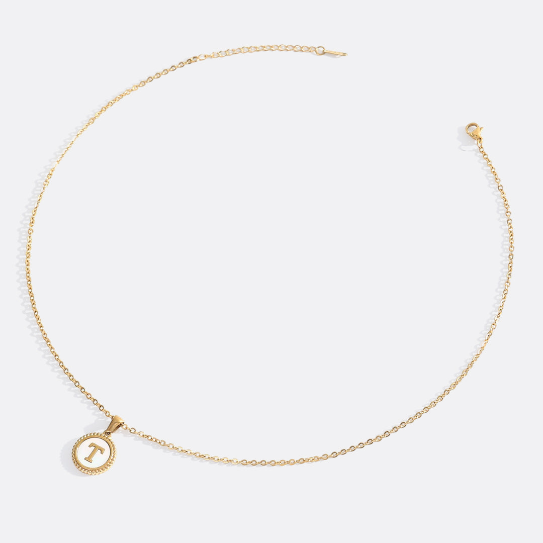 Mother of Pearl Disc Letter Necklace with Cable Chain