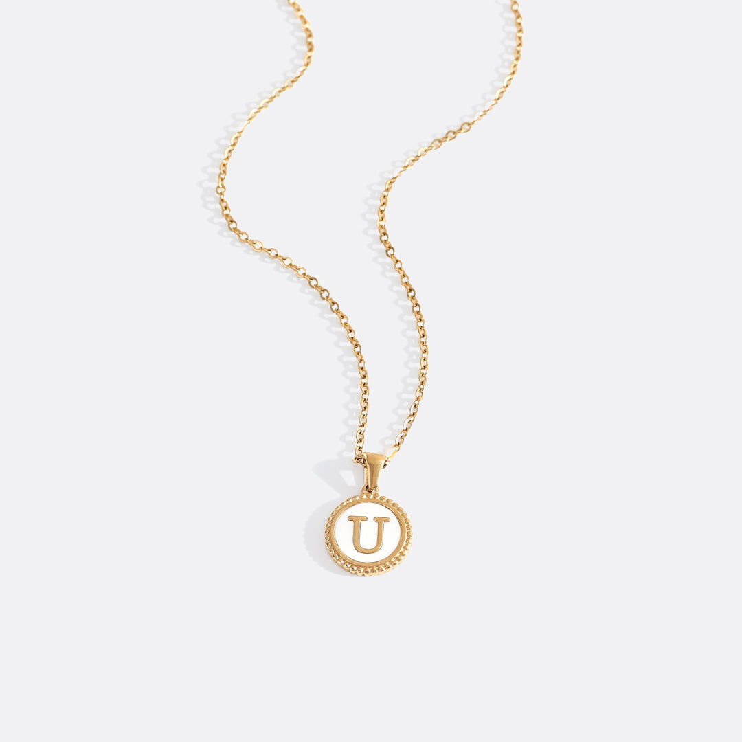 Mother of Pearl Disc Letter Necklace with Cable Chain