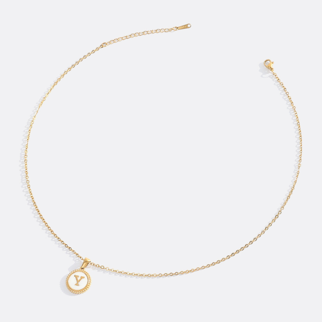 Mother of Pearl Disc Letter Necklace with Cable Chain