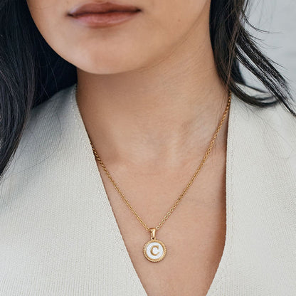 Mother of Pearl Disc Letter Necklace with Cable Chain