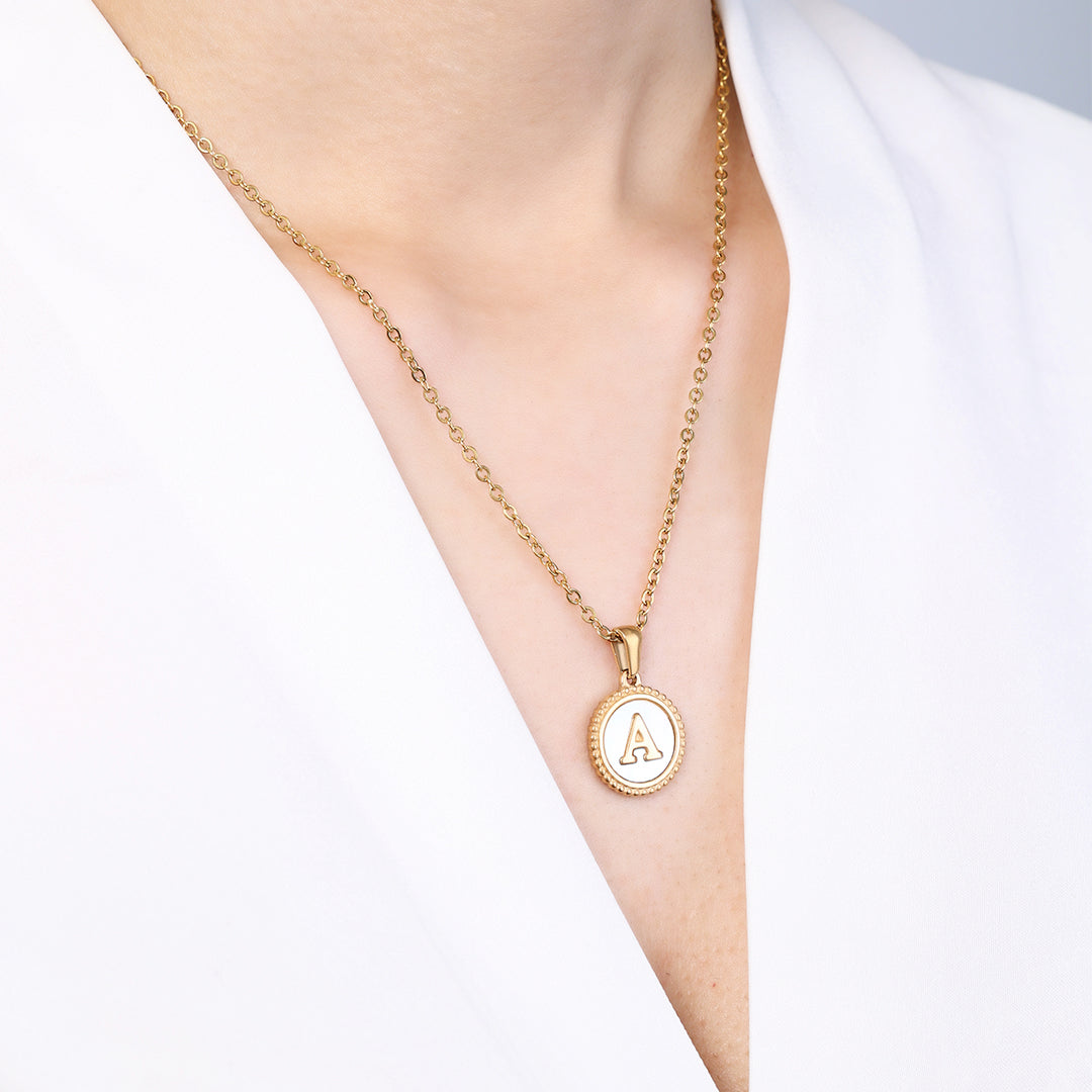 Mother of Pearl Disc Letter Necklace with Cable Chain