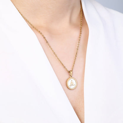 Mother of Pearl Disc Letter Necklace with Cable Chain