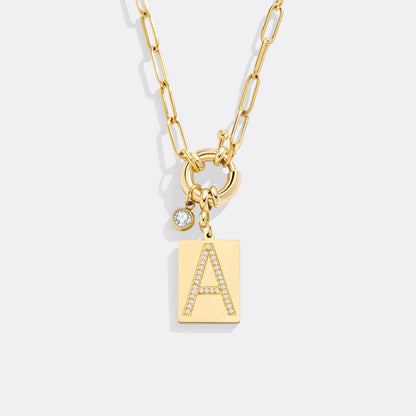Gold Pave Initial Pendant Necklace with Paperclip Chain