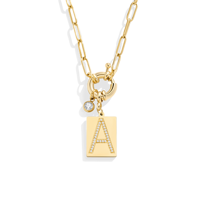 Gold Pave Initial Pendant Necklace with Paperclip Chain
