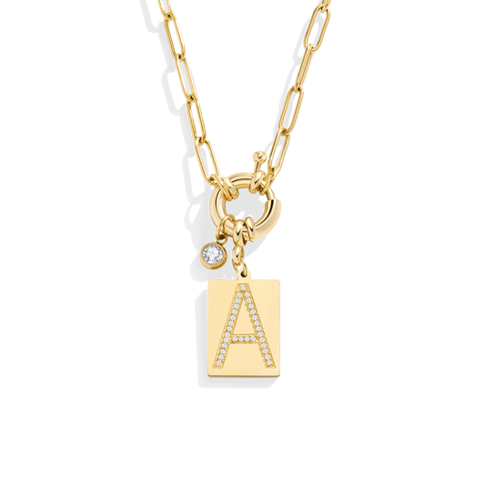 Gold Pave Initial Pendant Necklace with Paperclip Chain