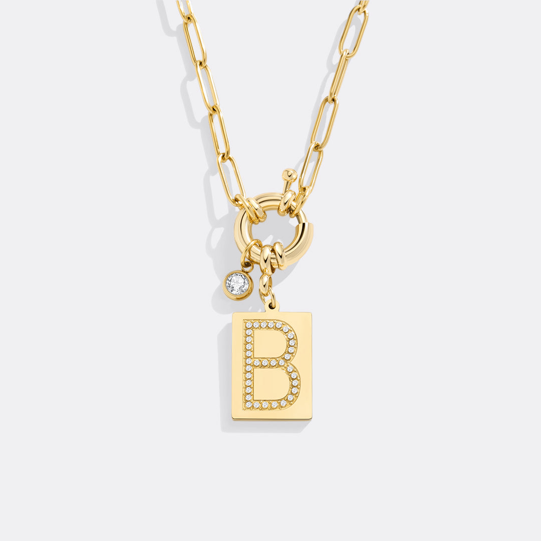 Gold Pave Initial Pendant Necklace with Paperclip Chain