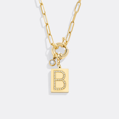 Gold Pave Initial Pendant Necklace with Paperclip Chain
