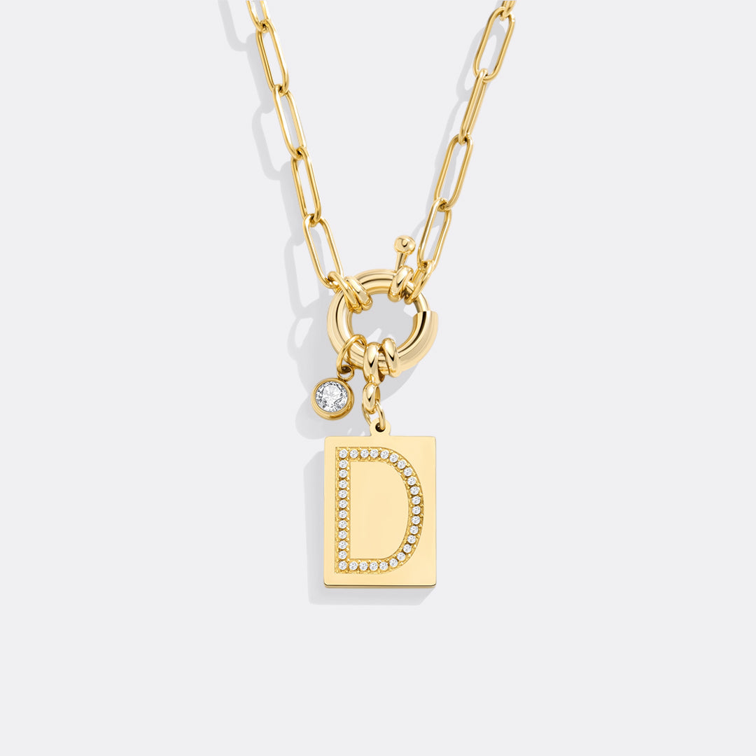 Gold Pave Initial Pendant Necklace with Paperclip Chain