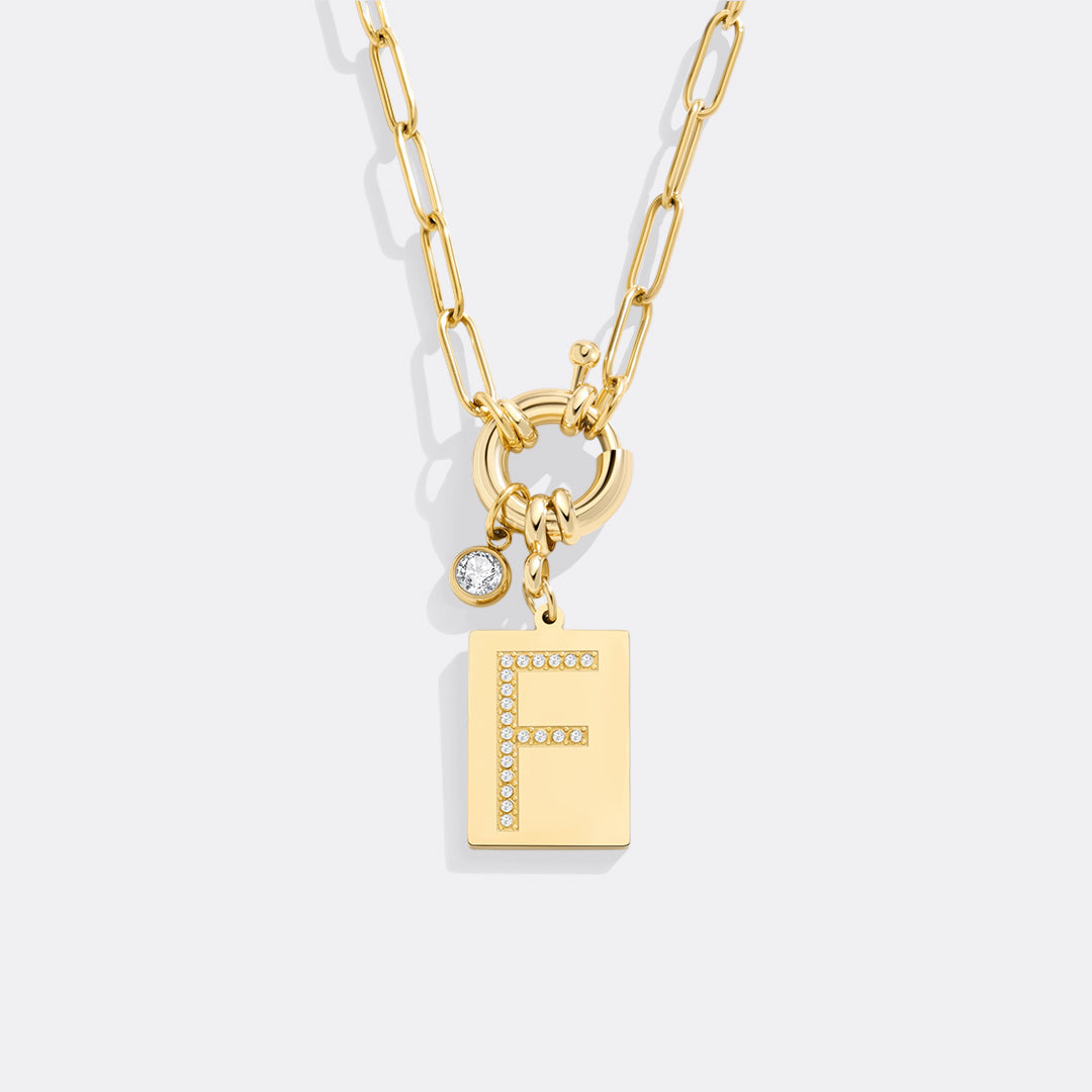 Gold Pave Initial Pendant Necklace with Paperclip Chain