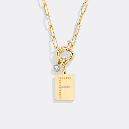 Gold Pave Initial Pendant Necklace with Paperclip Chain