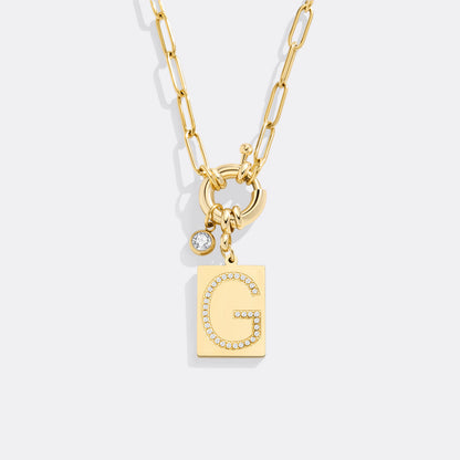 Gold Pave Initial Pendant Necklace with Paperclip Chain