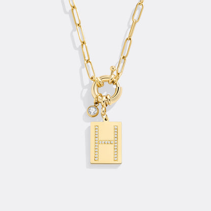 Gold Pave Initial Pendant Necklace with Paperclip Chain