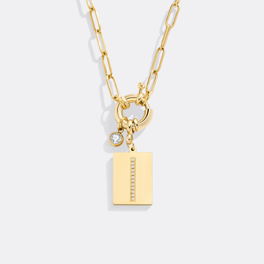 Gold Pave Initial Pendant Necklace with Paperclip Chain
