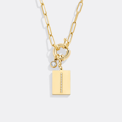 Gold Pave Initial Pendant Necklace with Paperclip Chain