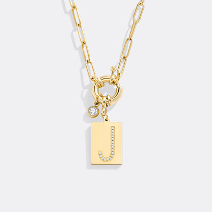 Gold Pave Initial Pendant Necklace with Paperclip Chain