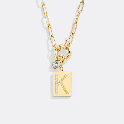 Gold Pave Initial Pendant Necklace with Paperclip Chain
