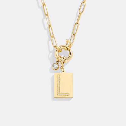 Gold Pave Initial Pendant Necklace with Paperclip Chain