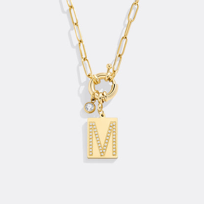 Gold Pave Initial Pendant Necklace with Paperclip Chain