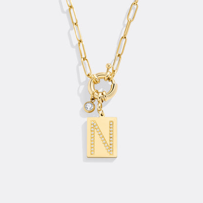 Gold Pave Initial Pendant Necklace with Paperclip Chain