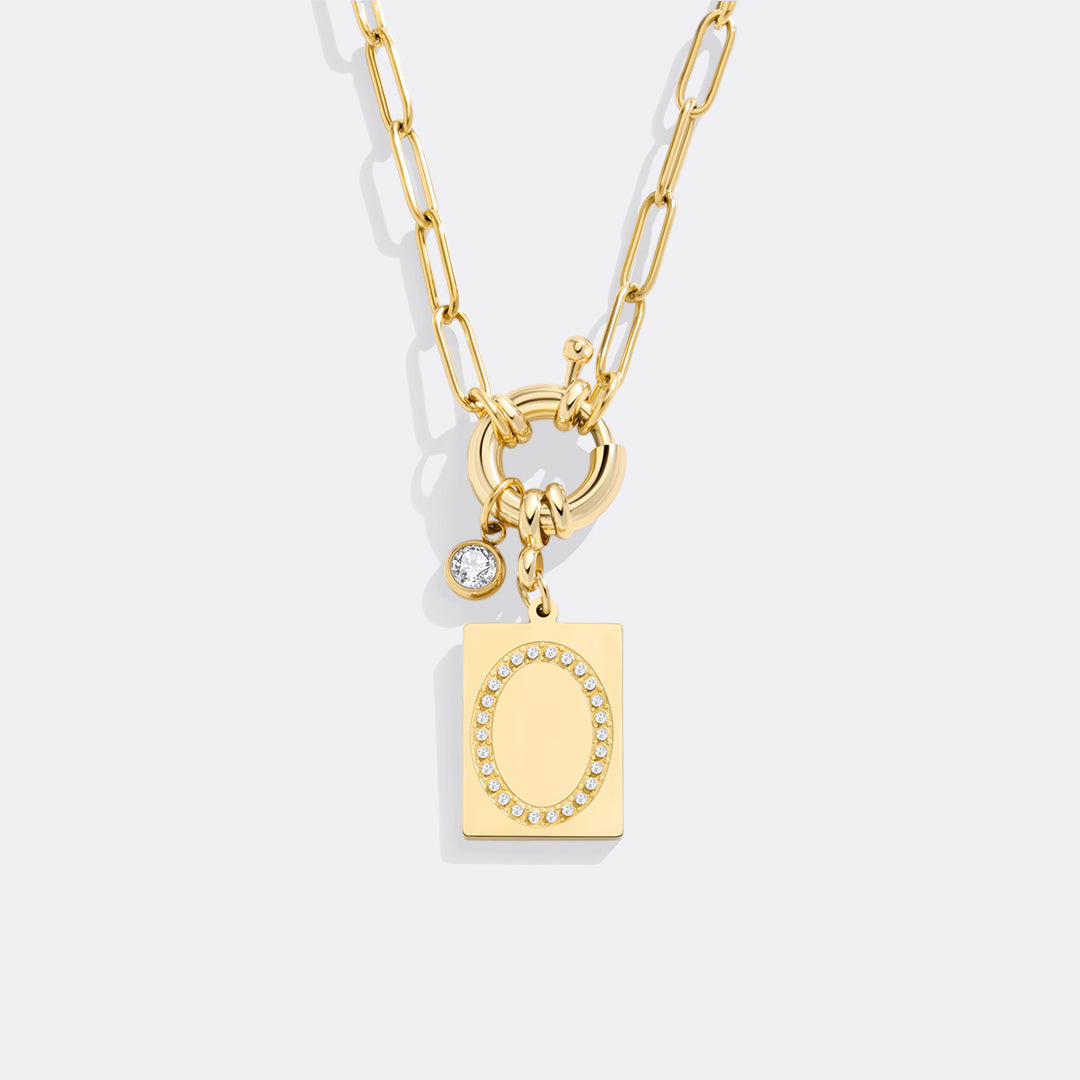 Gold Pave Initial Pendant Necklace with Paperclip Chain