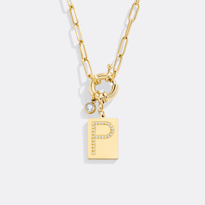 Gold Pave Initial Pendant Necklace with Paperclip Chain