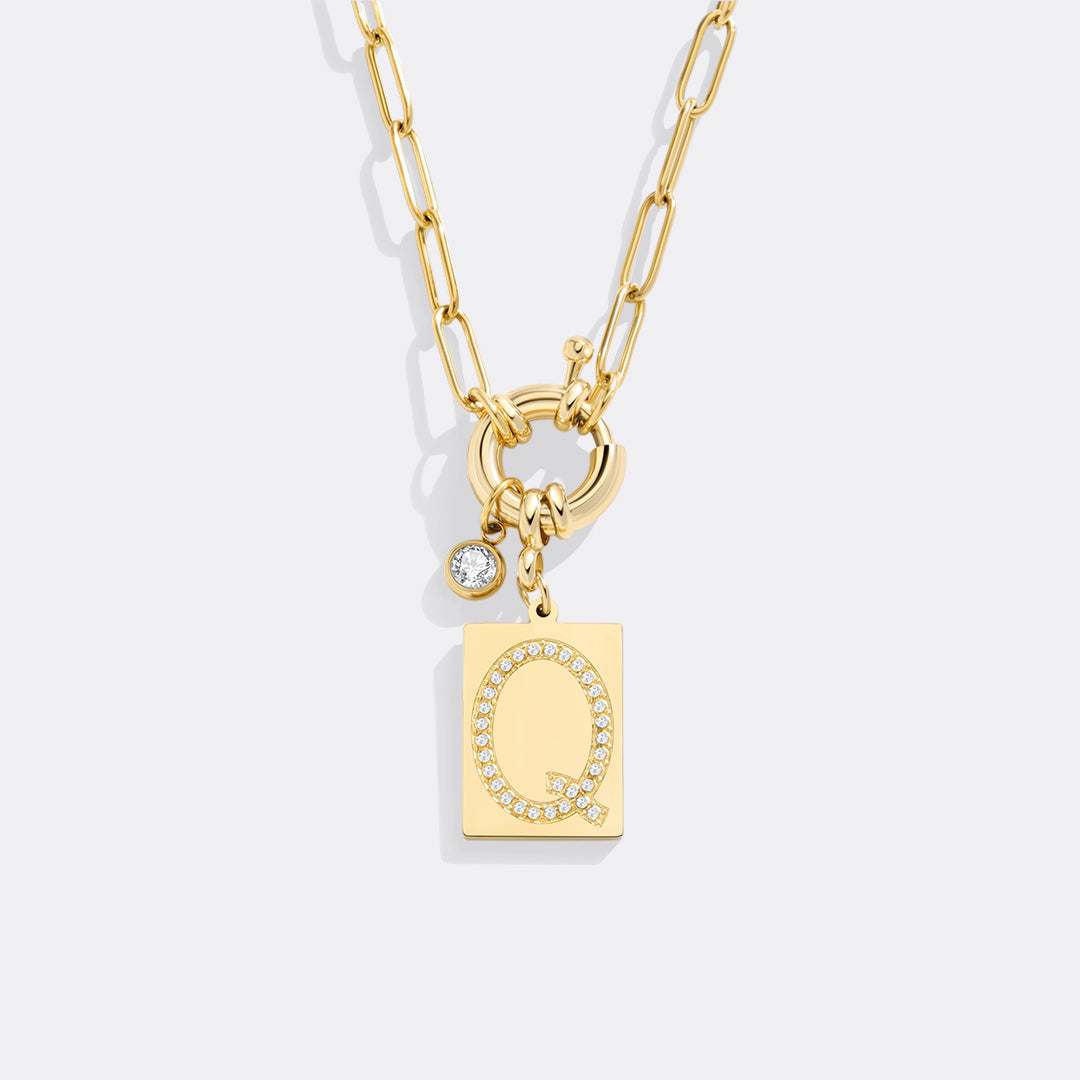 Gold Pave Initial Pendant Necklace with Paperclip Chain
