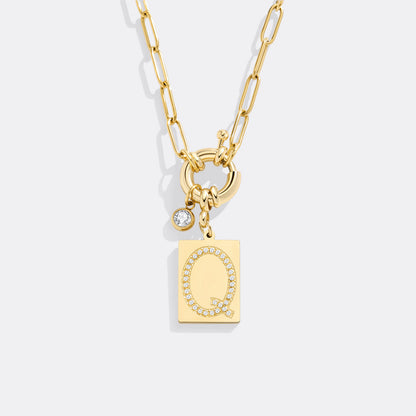 Gold Pave Initial Pendant Necklace with Paperclip Chain