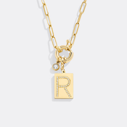 Gold Pave Initial Pendant Necklace with Paperclip Chain