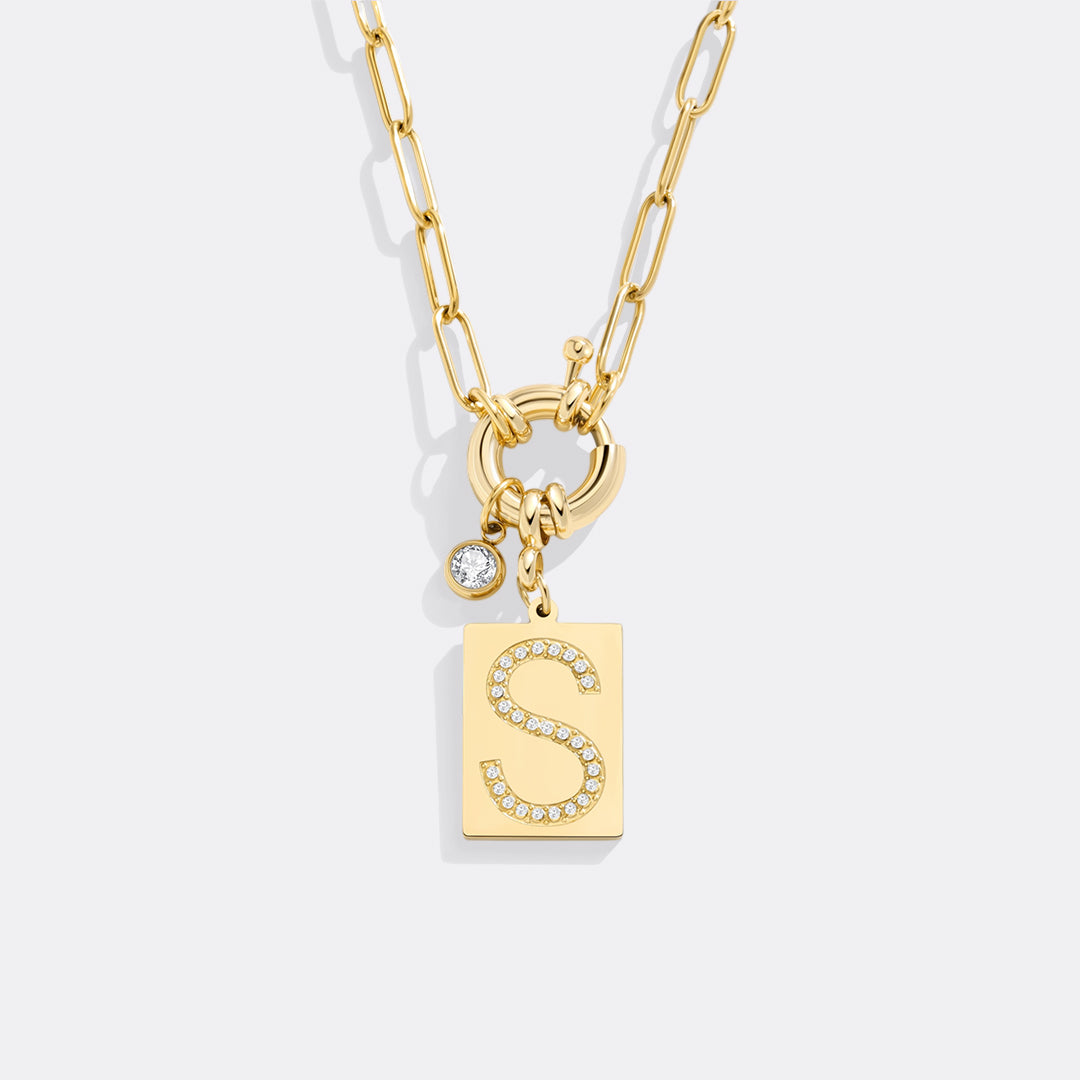 Gold Pave Initial Pendant Necklace with Paperclip Chain