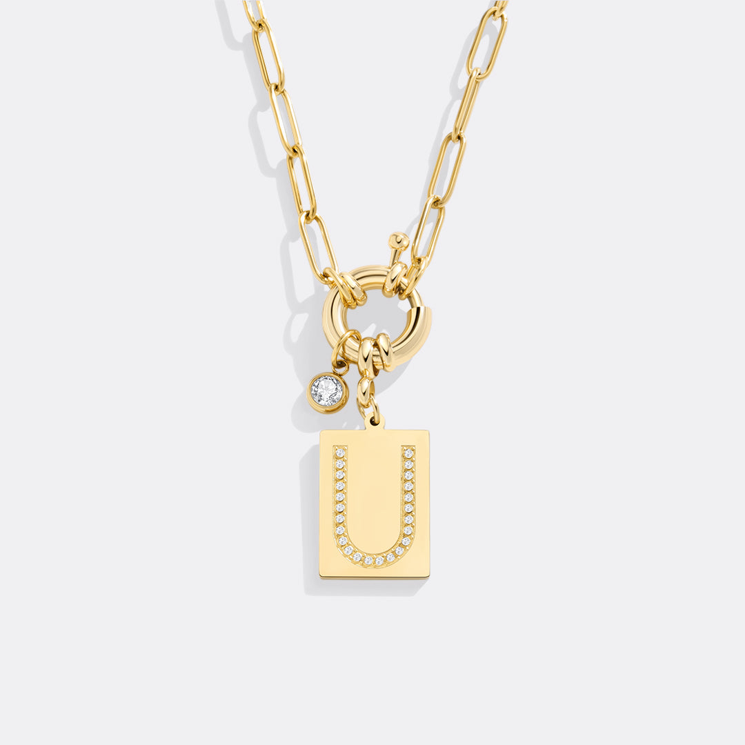 Gold Pave Initial Pendant Necklace with Paperclip Chain