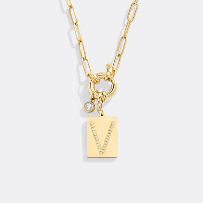 Gold Pave Initial Pendant Necklace with Paperclip Chain