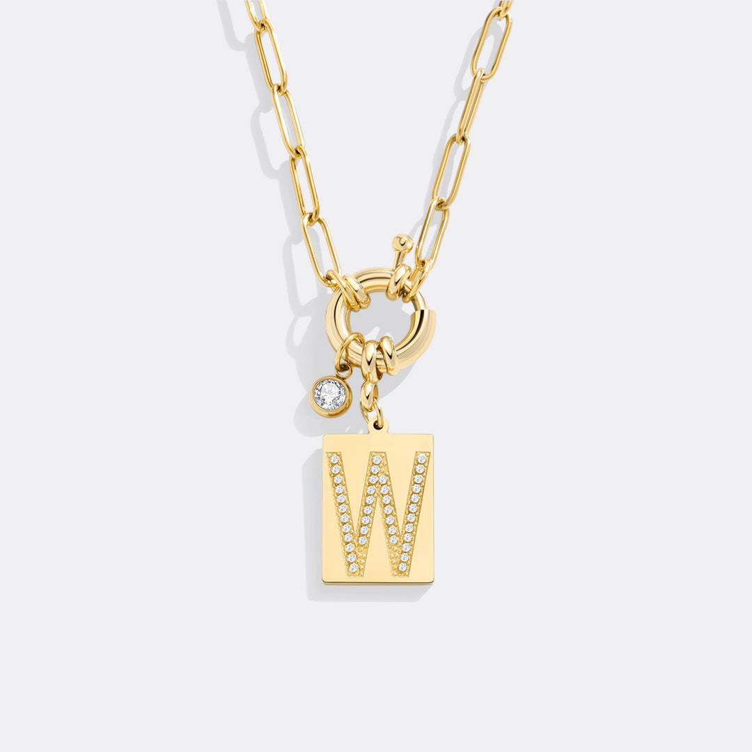 Gold Pave Initial Pendant Necklace with Paperclip Chain