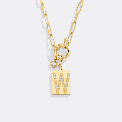 Gold Pave Initial Pendant Necklace with Paperclip Chain