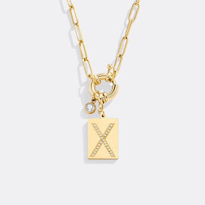Gold Pave Initial Pendant Necklace with Paperclip Chain